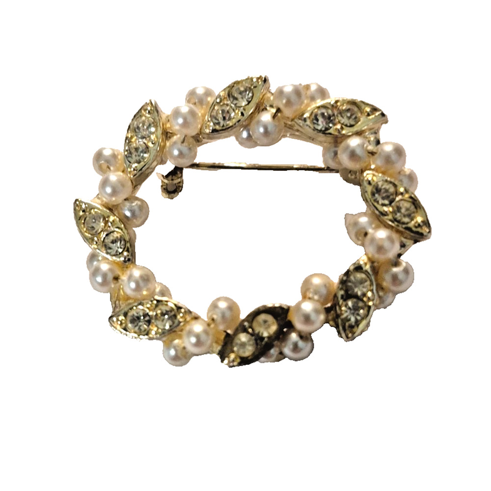 Vintage Gold Tone Faux Pearl & Rhinestone Brooch Pin